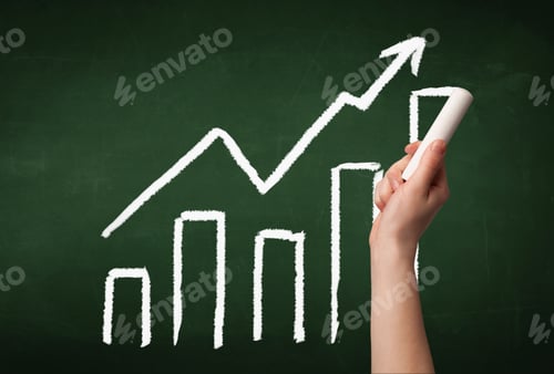Preview: A Grown Up'S Hand Drawing Chart With Exponentially Growing Arrow On Green Chalkboard