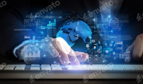 Preview: Business Woman Typing On Keyboard With Global System Concept