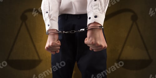 Preview: Arrested Businessman In Handcuffs With Hands Behind Back And Justice Symbol Wallpaper