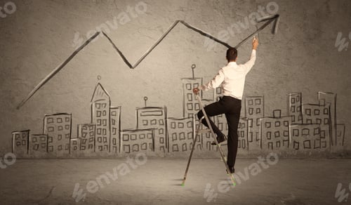 Preview: A Man In Elegant Suit Standing On A Small Ladder And Drawing A Line On Brown Wall Background With