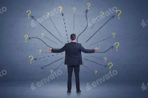 Preview: Businessman Standing In Front Lines And Question Mark Signs Concept On Background