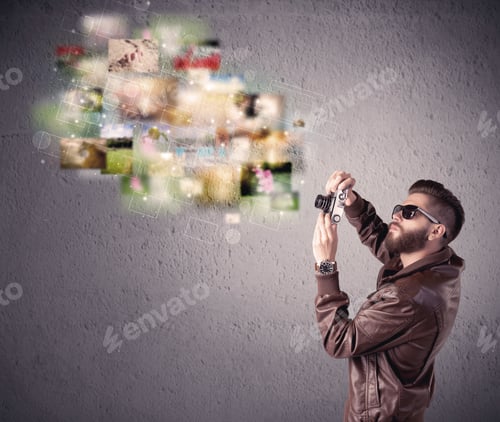 Preview: A Funny Stylish Hipster Guy Capturing Moments And Memories With A Retro Photo Camera Illustration