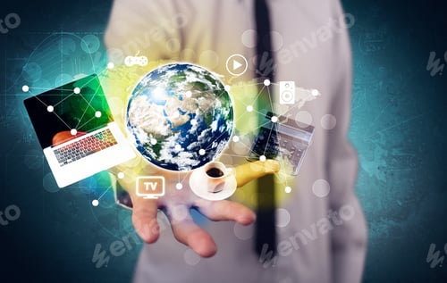 Preview: A Successful Businessman Has Control Over The World Concept Holding Planet Earth, Laptop In His