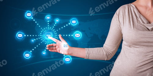 Preview: Young Woman Pressing Virtual Messaging Type Of Icons