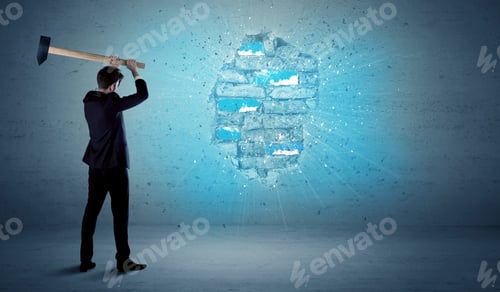 Preview: Business Man Hitting Grungy Brick Wall With Huge Hammer