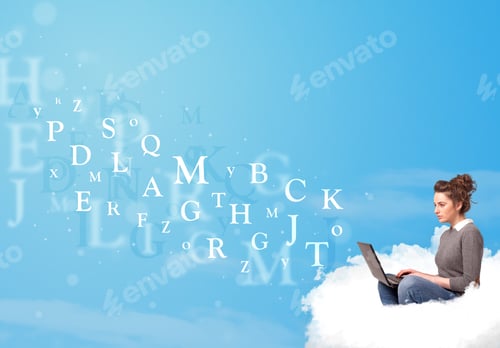 Preview: Pretty Young Woman Sitting In Cloud With Laptop, Letters Concept