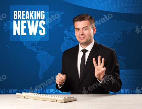 Preview: Television Presenter In Front Telling Breaking News With Blue Modern Background Concept