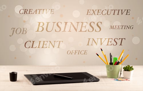 Preview: Business Job Office Concept With Close Up Wooden Desk And Materials, Papers And Electronic