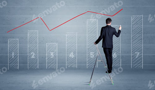 Preview: A Man In Elegant Suit Standing On A Small Ladder And Drawing A Chart On Blue Wall Background With
