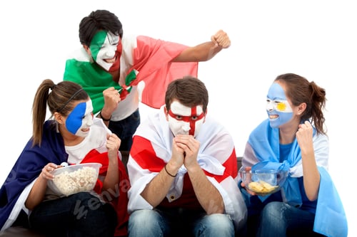 Preview: Patriotic Group Of People From Different Countries And Flags Painted On Their Faces Picking On