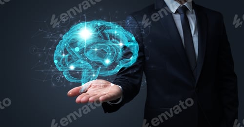 Preview: Businessman Holding Human Brain On His Hand With Logistics Symbols Around
