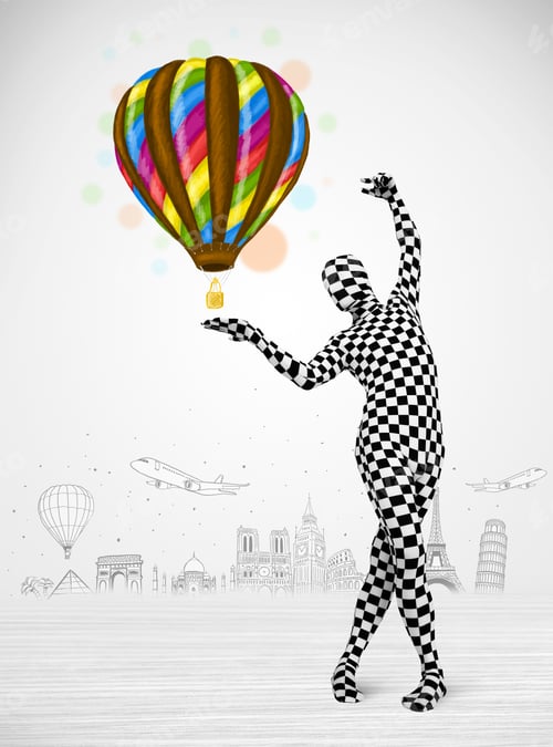 Preview: Funny Man In Full Body Suit Holding Colorful Balloon, Tourist Attractions In Background