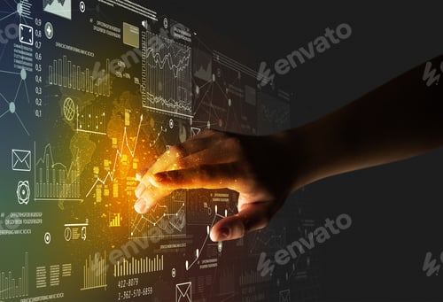 Preview: Female Finger Touching A Beam Of Light Surrounded By Charts And Graphs