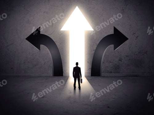 Preview: A Businessman In Doubt, Having To Choose Between Three Different Choices Indicated By Arrows