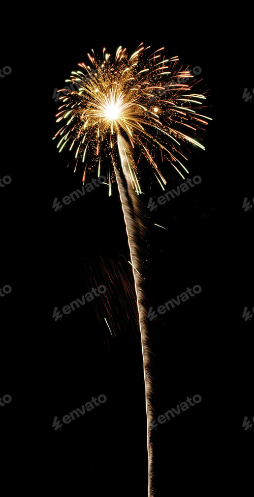 Preview: Flowerlike Bloom Of Fireworks With White-Hot Core And Long Rocket Trail