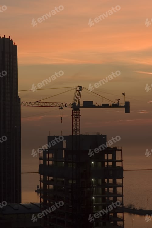 Preview: Silhouette Of Construction Crane At Dawn, With Background Of Lake And Sky