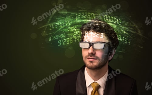 Preview: Business Man Looking At High Tech Number Calculations Concept