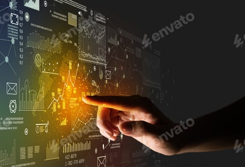 Preview: Female Finger Touching A Beam Of Light Surrounded By Charts And Graphs