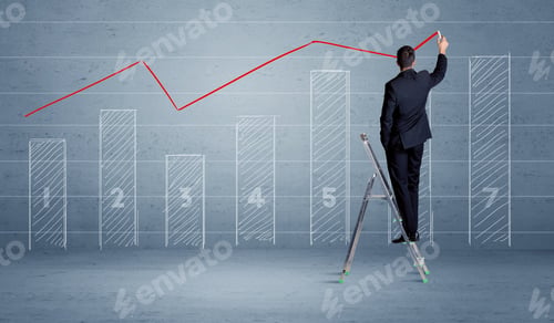 Preview: A Man In Elegant Suit Standing On A Small Ladder And Drawing A Chart On Blue Wall Background With