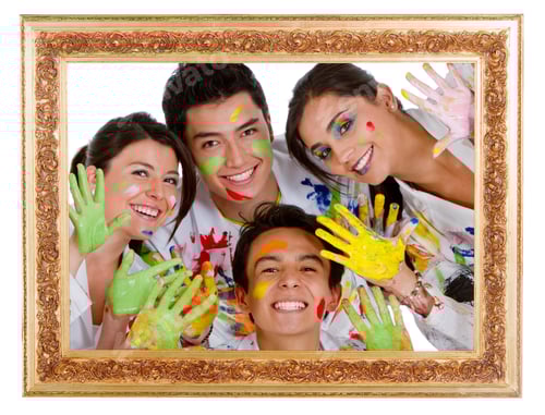 Preview: Happy Group Of Painters Coming Out From A Frame Having Fun - Isolated