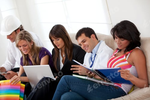 Preview: Group Of People With Different Professions Sitting On A Sofa
