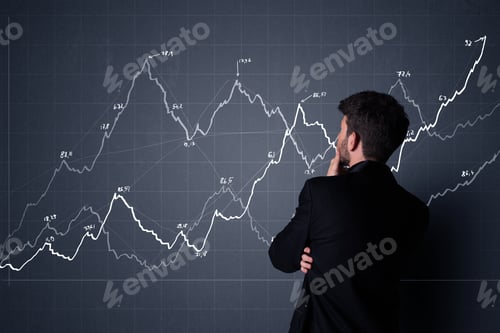 Preview: Young Businessman In Black Suit Standing In Front Of A Progress Chart