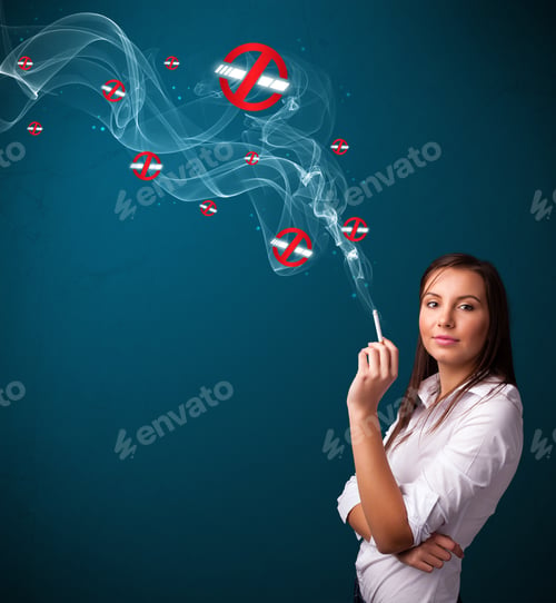 Preview: Beautiful Young Woman Smoking Dangerous Cigarette With No Smoking Signs