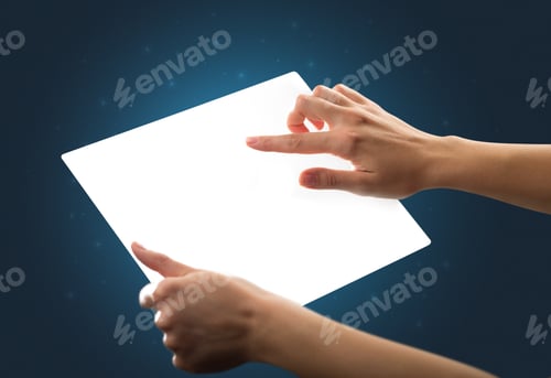 Preview: Young Female Hand Holding And Touching A Piece Of Glass Meant To Look Like A Tablet