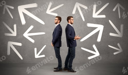 Preview: Young Conflicted Businessman Choosing Between Two Directions With Arrows Around Him