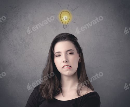 Preview: A Teen Student Girl With Funny Facial Expression Has A Good Idea Illustrated By A Drawn Light Bulb