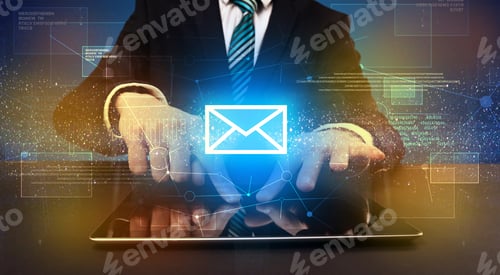 Preview: Businessman In Suit Typing With Communication, Mailing Concept Around