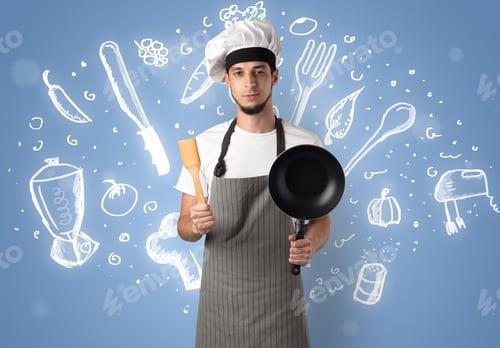 Preview: Young Cook With Kitchen Instruments And Drawn Recipe Concept On Wallpaper