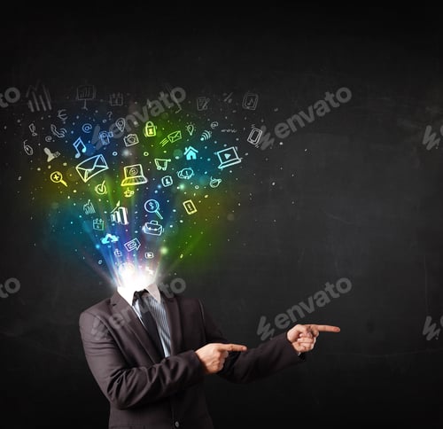 Preview: Business Man With Glowing Media Icons Exploding Head Concept