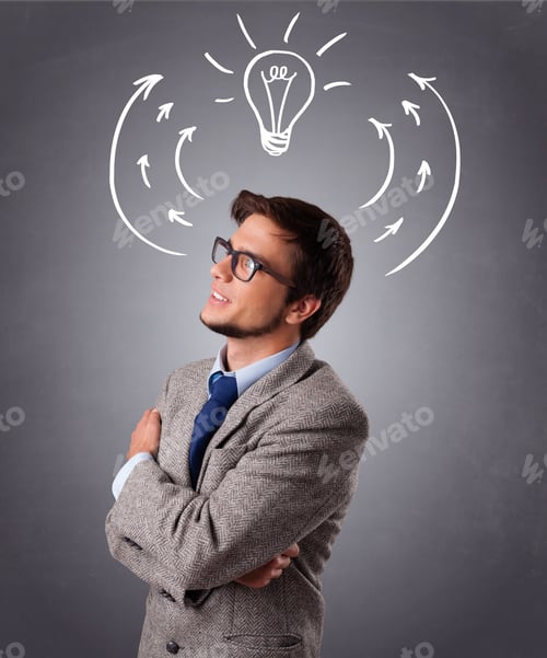 Preview: Young Man Standing And Thinking With Arrows And Light Bulb Overhead