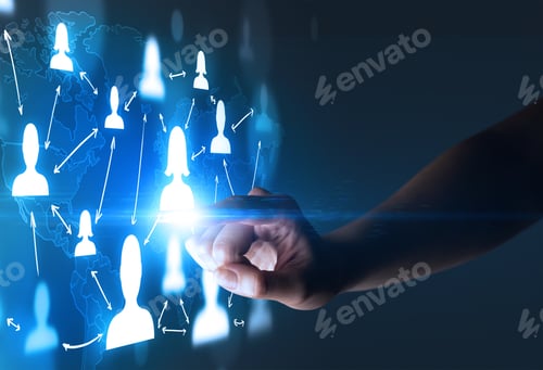 Preview: Female Finger Touching A Beam Of Light Surrounded By Portraits And A World Map Behind It