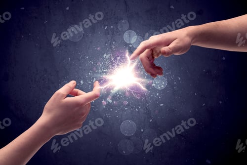 Preview: Two Male Hands Reaching Towards Each Other, Almost Touching With Fingers, Lighting Spark In Galaxy
