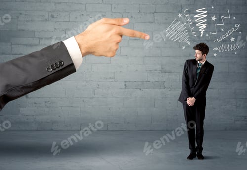 Preview: Boss Firing Employee Concept With A Huge Hand Pointing At Confused Business Person Illustrated By