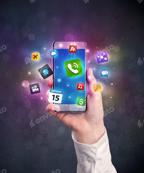 Preview: Caucasian Hand In Business Suit Holding A Smartphone With Colorful Media Icons