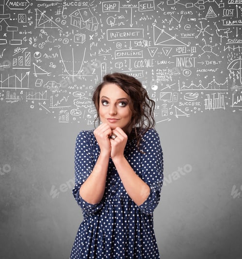 Preview: Young Pretty Lady With Hand Drawn White Calculations And Icons