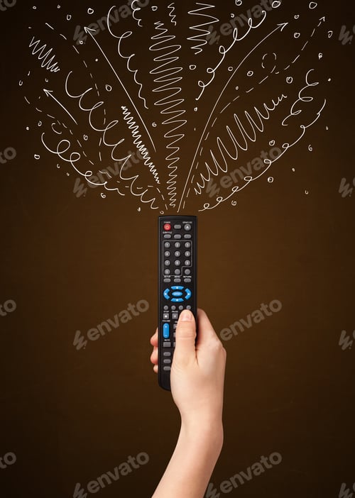 Preview: Hand Holding A Remote Control, Curly Lines And Arrows Coming Out Of It