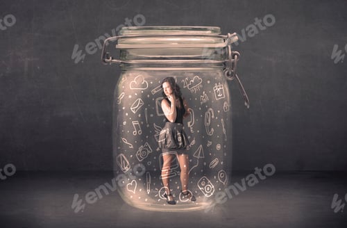 Preview: Business Woman Captured In Glass Jar With Hand Drawn Media Icons Concept On Background