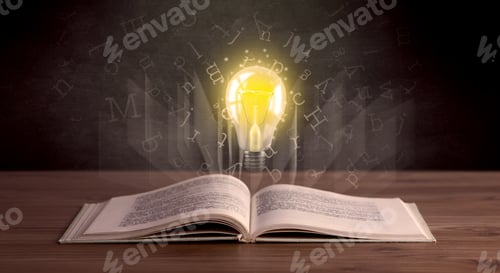 Preview: Shiny Alphabet Letters And Yellow Lightbulb Hovering Over Open Book