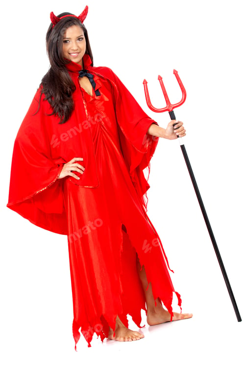 Preview: Female Red Devil Girl Standing Isolated Over A White Background