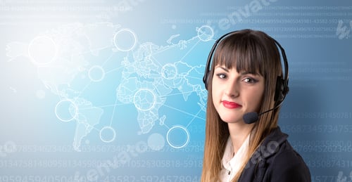 Preview: Young Female Telemarketer With Blue Background And World Map And Numbers Behind Her