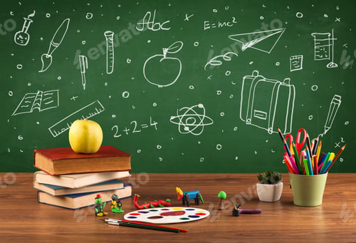 Preview: Wooden School Desk With Stuff And Blackboard Full Of Drawings Concept