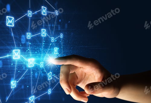 Preview: Female Finger Touching A Beam Of Light Surrounded By A Blue Graphic With Envelopes