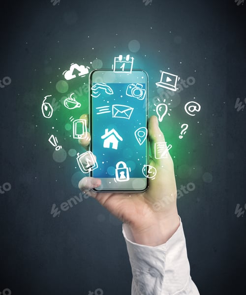 Preview: Caucasian Hand In Business Suit Holding A Smartphone With Drawn Web Icons
