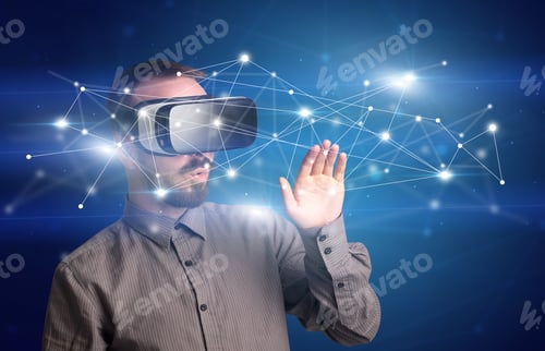 Preview: Amazed Businessman With Virtual Reality Network Concept In Front Of Him