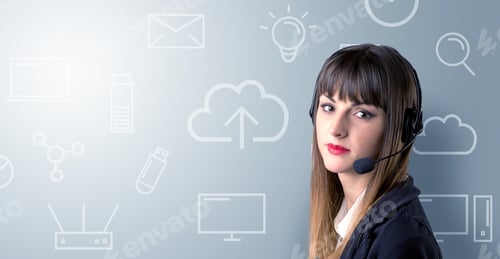 Preview: Young Female Telemarketer With White Mixed Media Icons Around Her