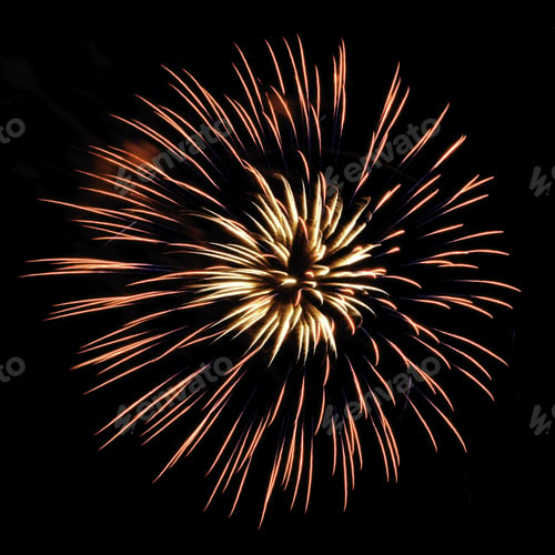 Preview: Burst Of Yellowish And Reddish Fireworks, With Feathery Interior And Thin Blue Streaks, On Square